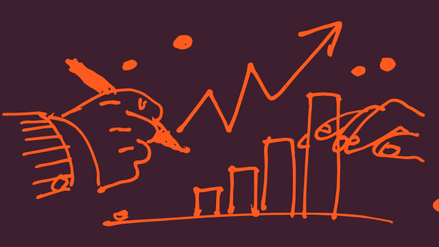 Illustrated hands drawing a rising business outcomes chart